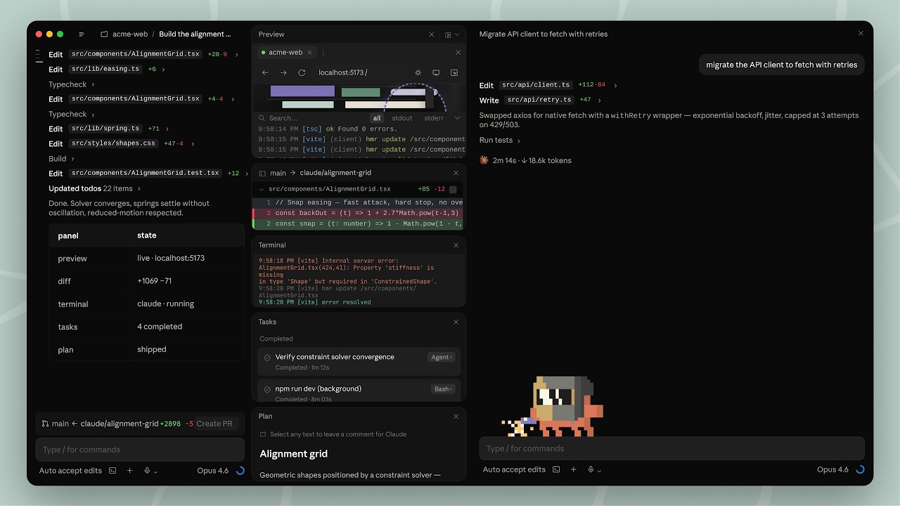 Claude Code 新桌面介面：左側 session sidebar、中央多 pane 工作區、內建 terminal