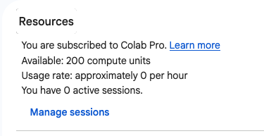 Colab 資源面板截圖：顯示已訂閱 Colab Pro、可用 200 compute units、使用速率約每小時 0、目前 0 個作用中的執行階段