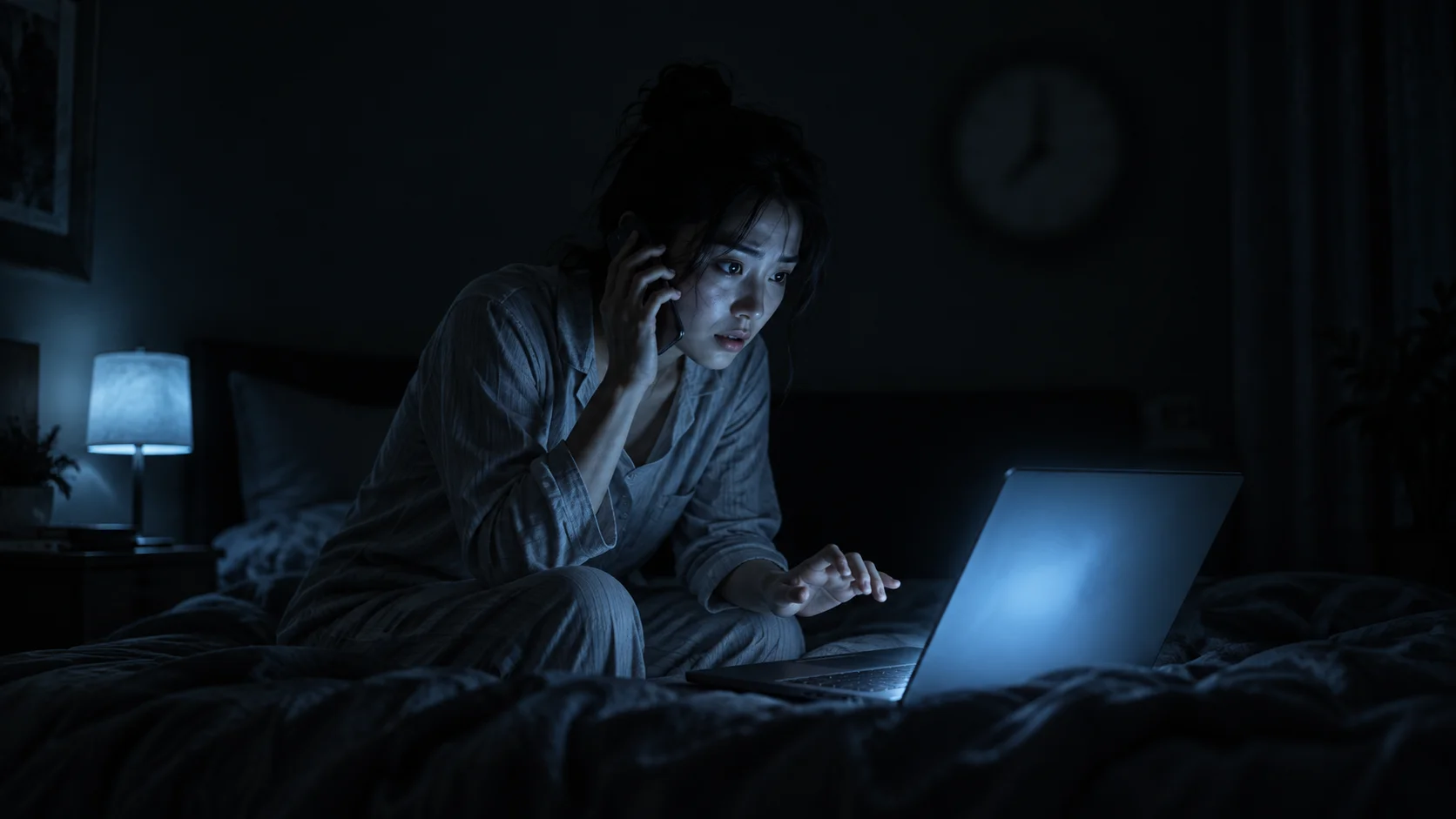 深夜插畫場景：一名女性工程師被電話吵醒，坐在床邊盯著發出冷藍光的筆電螢幕，神情驚慌，牆上時鐘剪影暗示凌晨時分