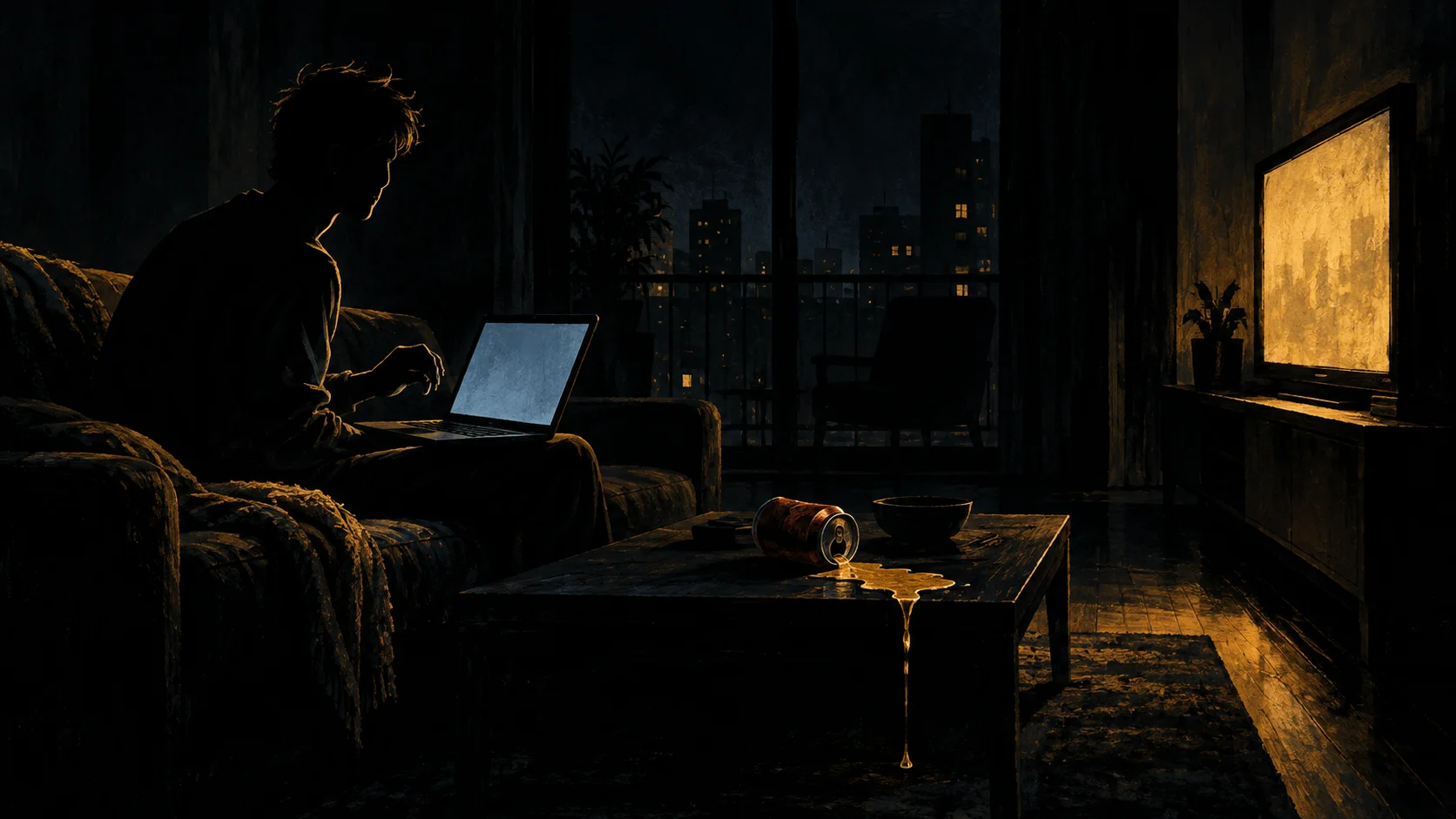 深夜客廳的插畫場景：一名男子獨自坐在沙發上，大腿上的筆電螢幕一片空白，電視散發昏黃光暈，茶几上一罐啤酒打翻，畫面氣氛孤獨而荒謬